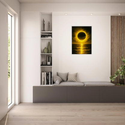 Golden Sea Poster im hellen Wohnzimmer – goldene Sonne über ruhigem Meer, edles Wandbild mit warmem Glanz, luxuriöse Raumgestaltung von Defa Designs.