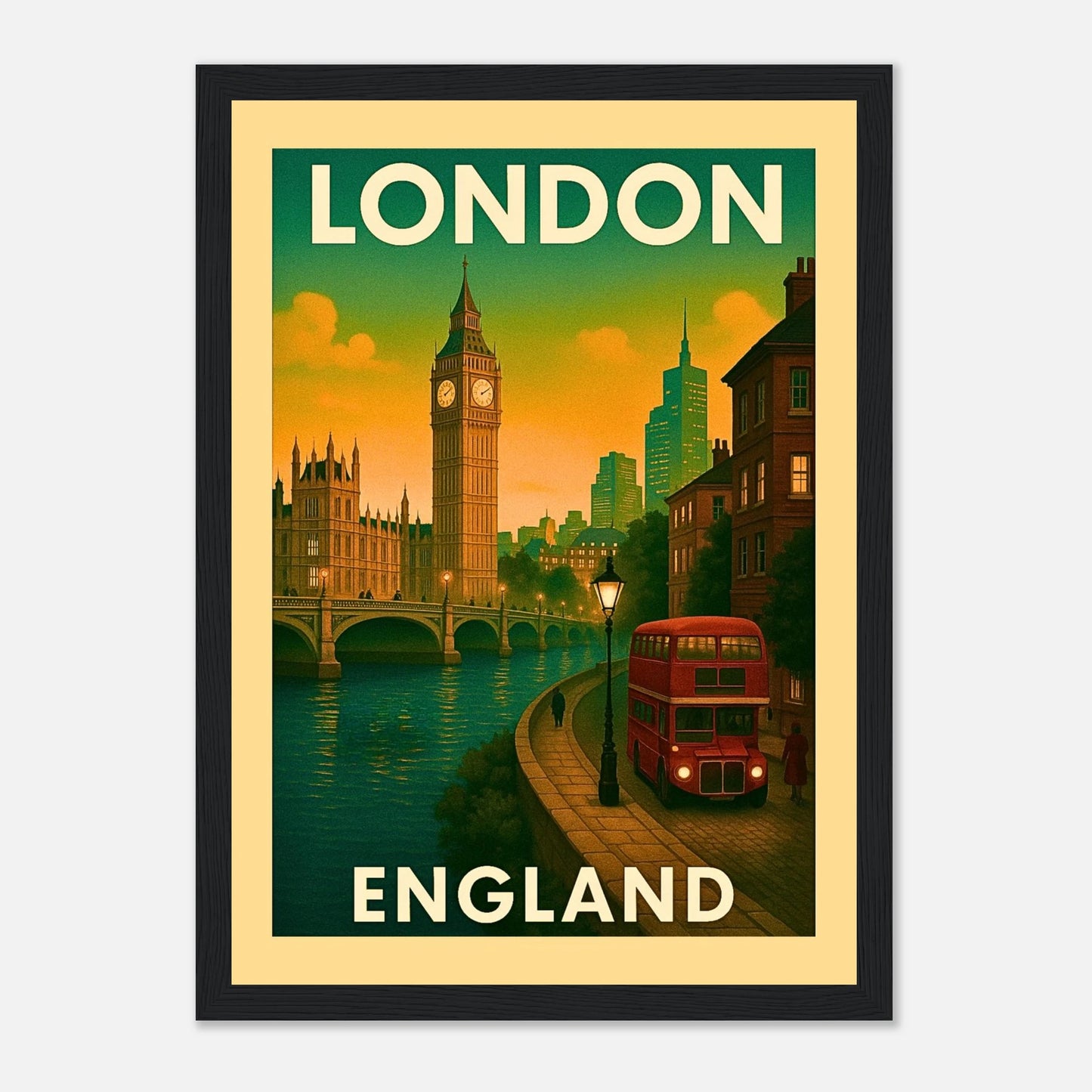 London Poster im schwarzen Holzrahmen – Retro-Wandkunst mit Big Ben, Fluss-Szene und roten Doppeldecker-Bussen.