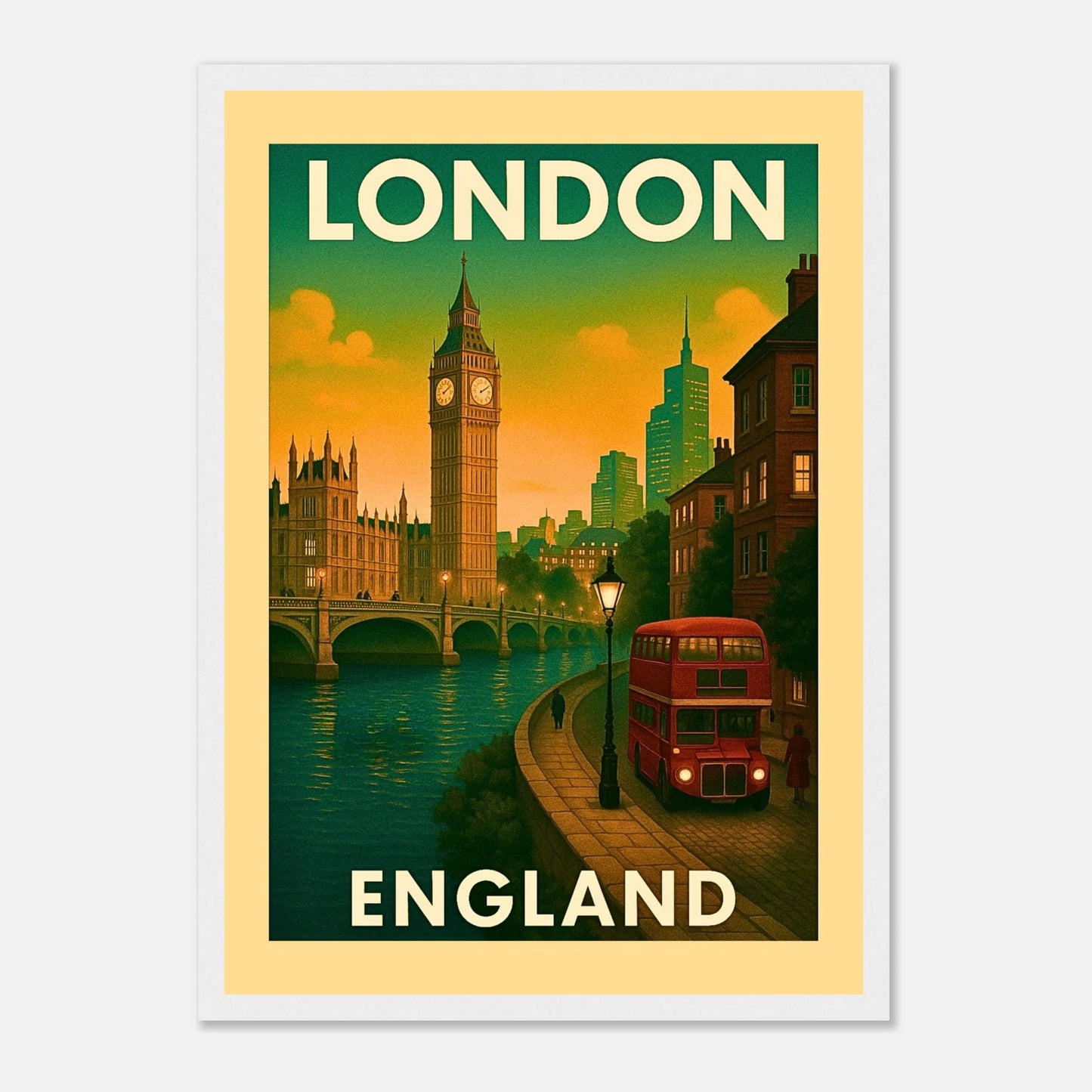 London Poster im weißen Holzrahmen – Vintage Skyline mit Big Ben, roten Bussen und Fluss als elegante Wanddekoration.