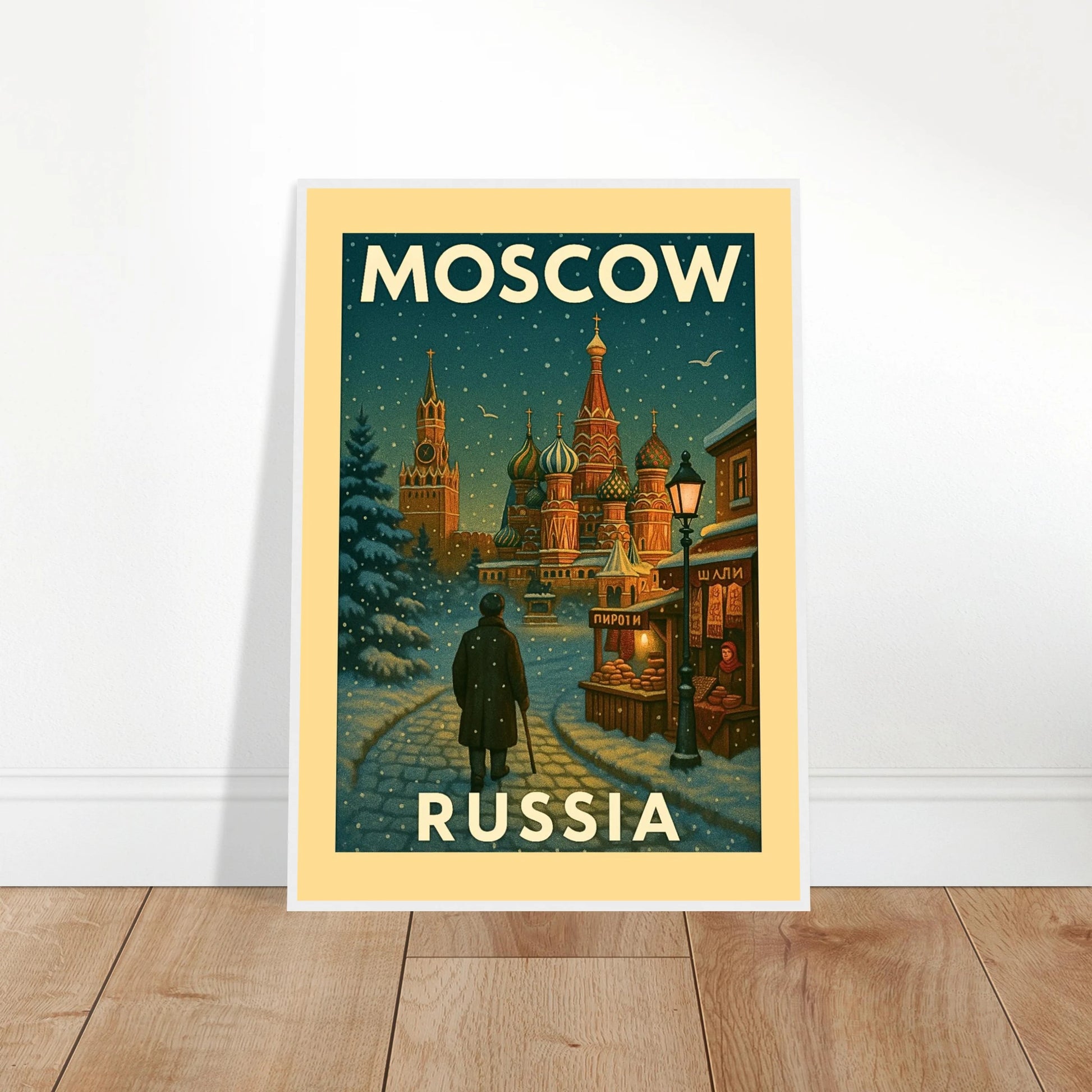 Moscow Poster im Vintage-Stil, an die Wand gelehnt – winterliche Skyline mit historischen Gebäuden als kunstvolle Wanddekoration.