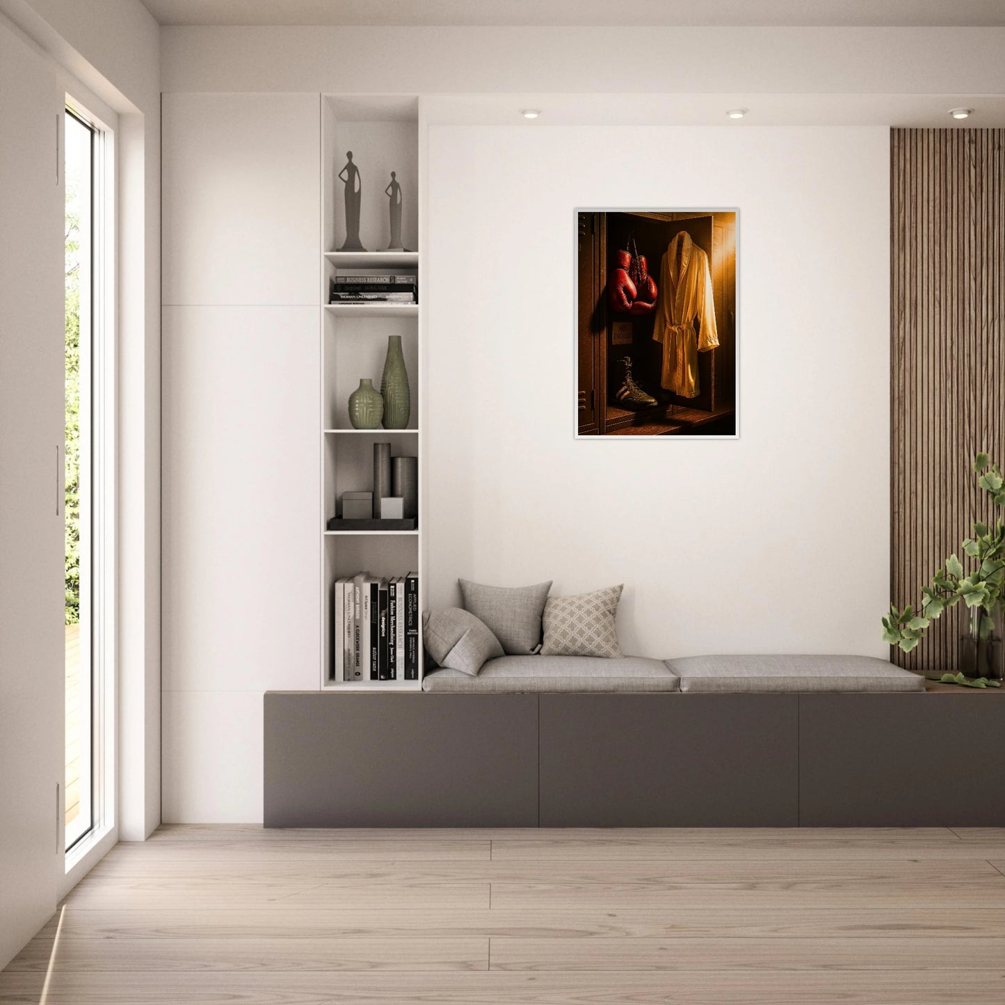 Gerahmtes Poster „No Excuses“ in heller Wohnzimmer Einrichtung – moderne Wanddekoration mit kraftvollem Motivationsspruch.