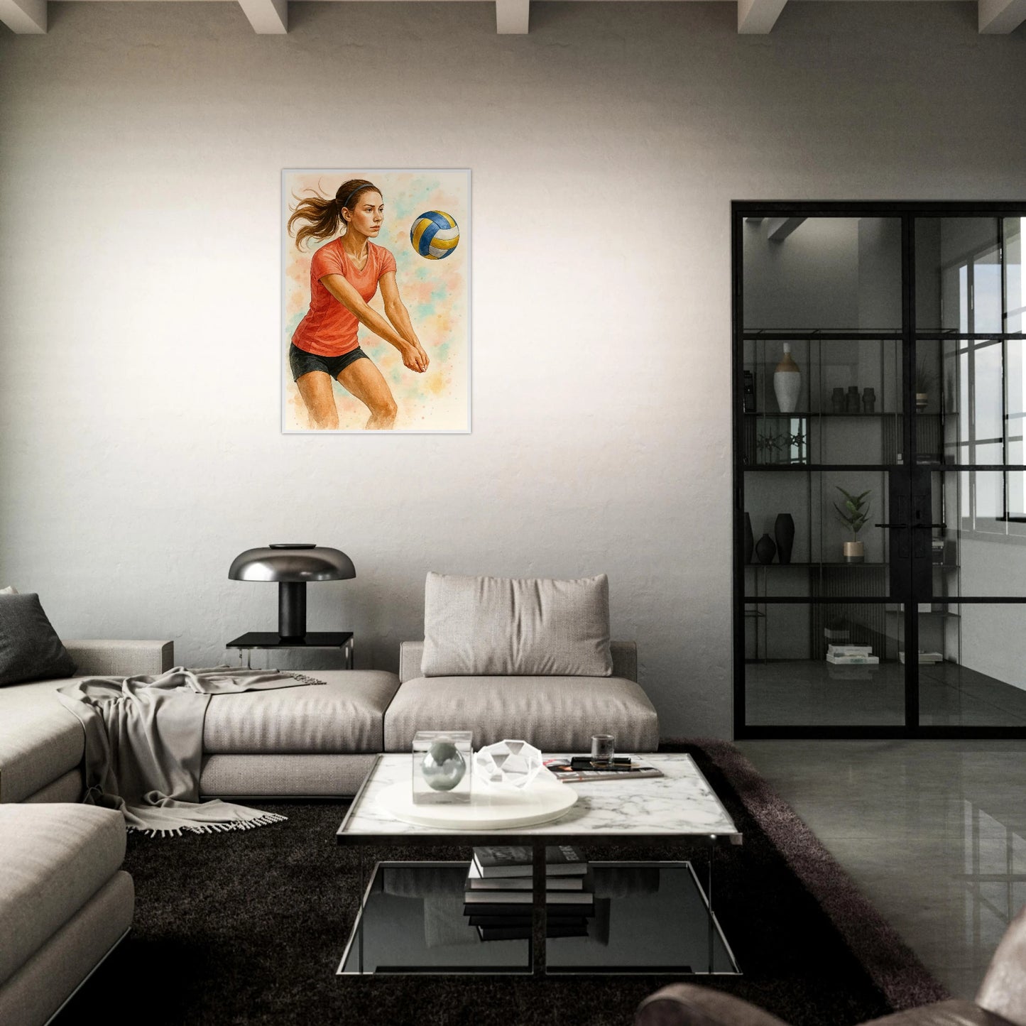 Volleyball Poster „Power & Grace“ in einem Wohnzimmer mit dunkler Einrichtung – edle Sport Wanddeko für Athleten und Fans.