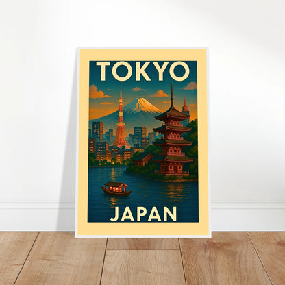 Tokyo Poster im Retro-Stil, an die Wand gelehnt – Skyline mit Tempeln, Pagoden und japanischem Flair als Kunstdruck.