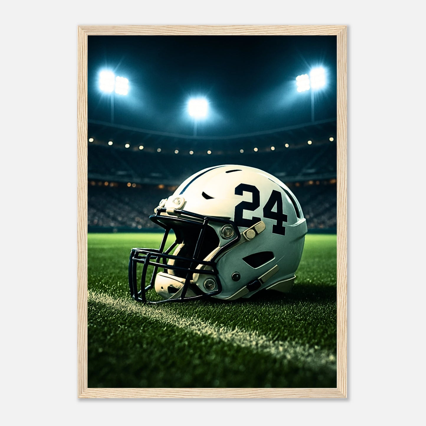 Football Poster „Under the Lights“ im hellbraunen Holzrahmen – dekoratives Sport Wandbild mit Flutlicht-Stimmung für Wohnzimmer oder Büro.