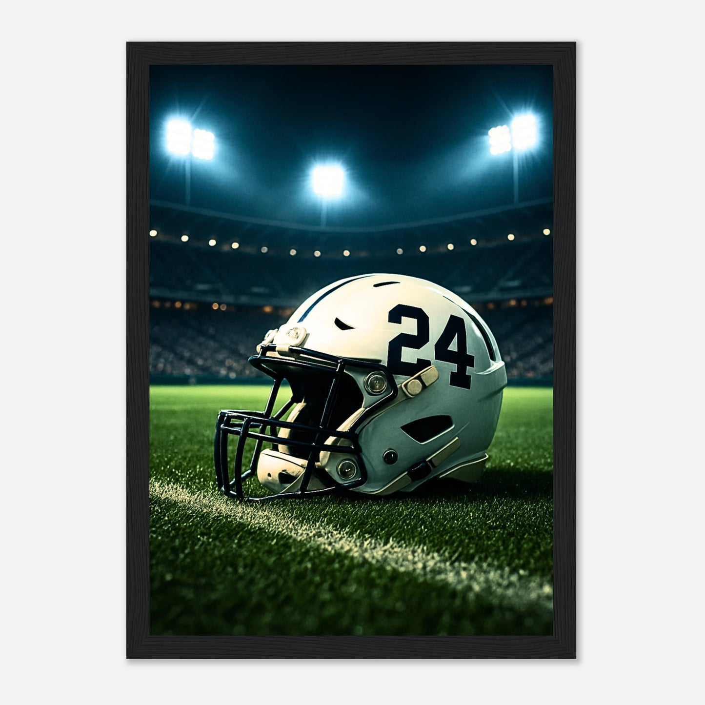 Gerahmtes Poster „Under the Lights“ mit schwarzem Holzrahmen – American Football Wandbild mit Stadion-Flutlicht für Sportfans und Sammler.