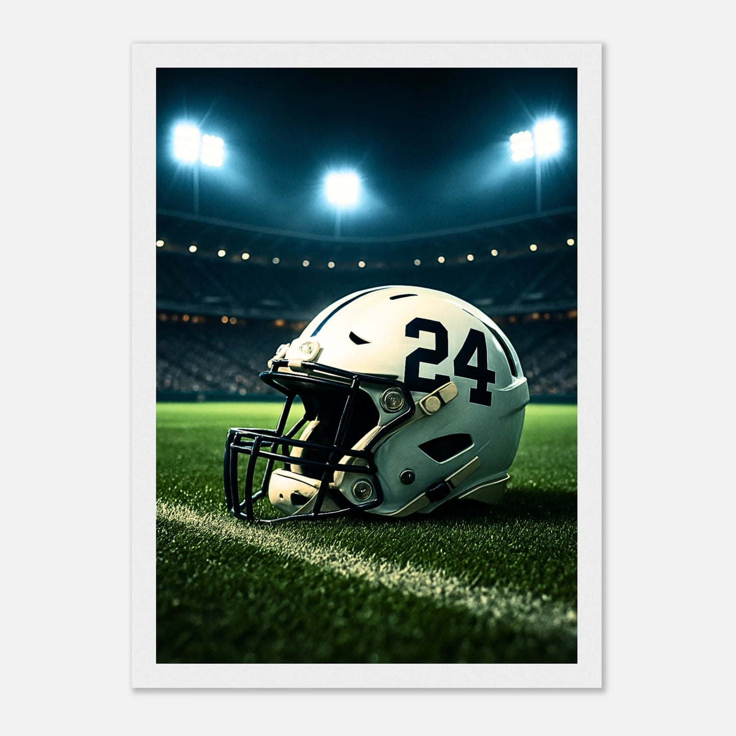 „Under the Lights“ Poster im weißen Rahmen – modernes American Football Wandbild mit Stadionflair, perfekt für Sportliebhaber.