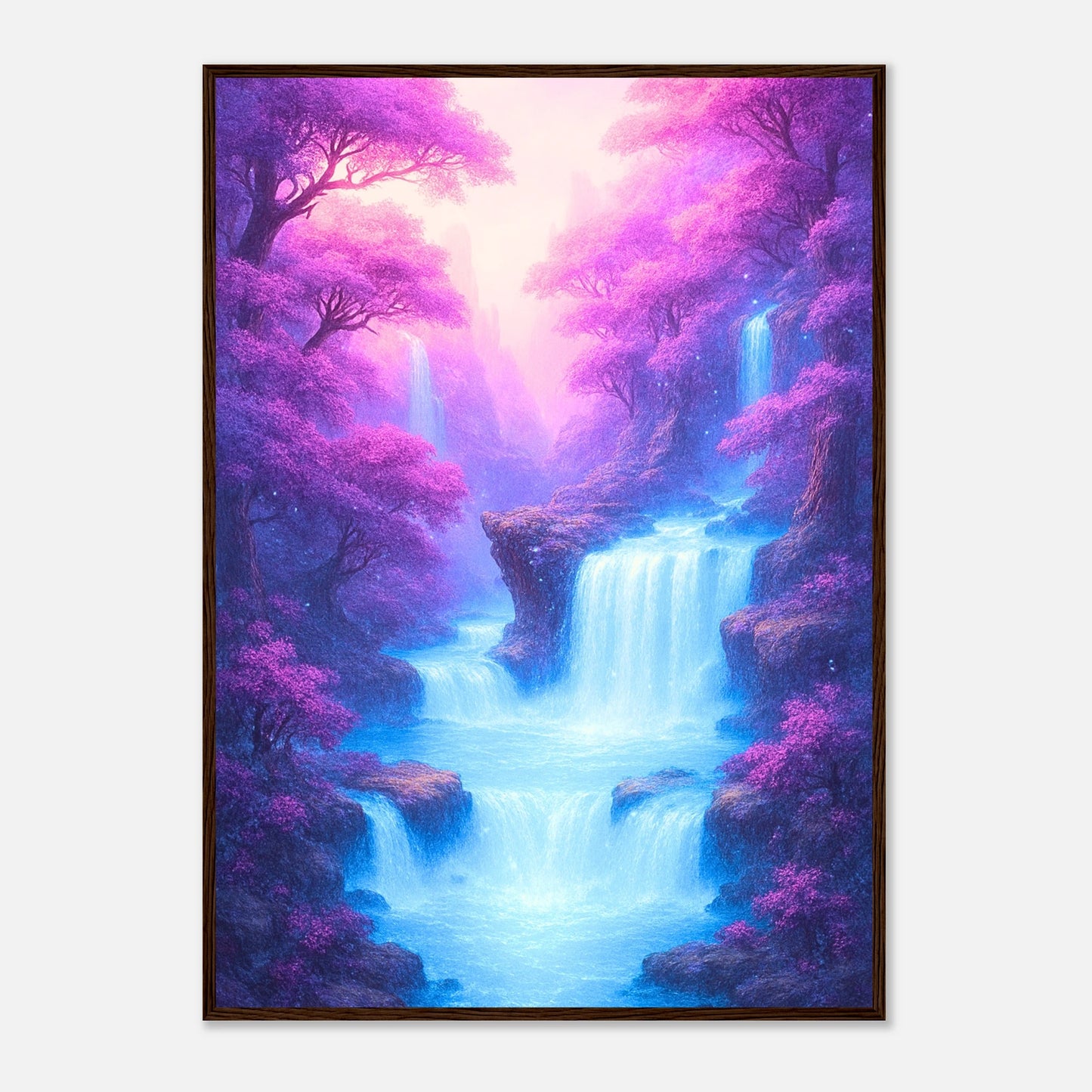 Whispers of the Enchanted Falls Poster im dunkelbraunen Holzrahmen – beeindruckende Fantasy-Kunst mit mystischem Wasserfall und leuchtenden Farben, ideal für Wohnzimmer oder Schlafzimmer.