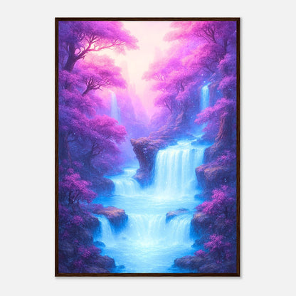 Whispers of the Enchanted Falls Poster im dunkelbraunen Holzrahmen – beeindruckende Fantasy-Kunst mit mystischem Wasserfall und leuchtenden Farben, ideal für Wohnzimmer oder Schlafzimmer.