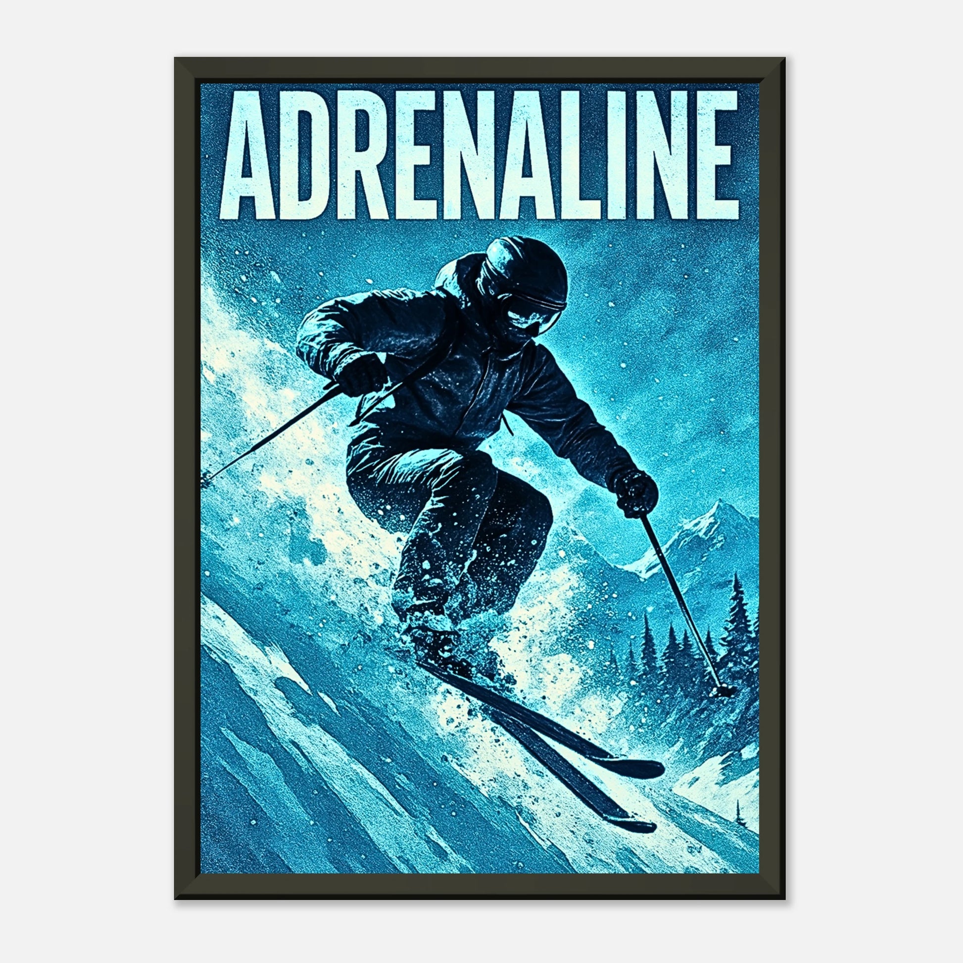 Extremes Ski-Wandbild „Adrenaline Rush“ – Skifahrer auf verschneiter Piste mit blauem Hintergrund | Schwarzer Metallrahmen von DEFA Designs