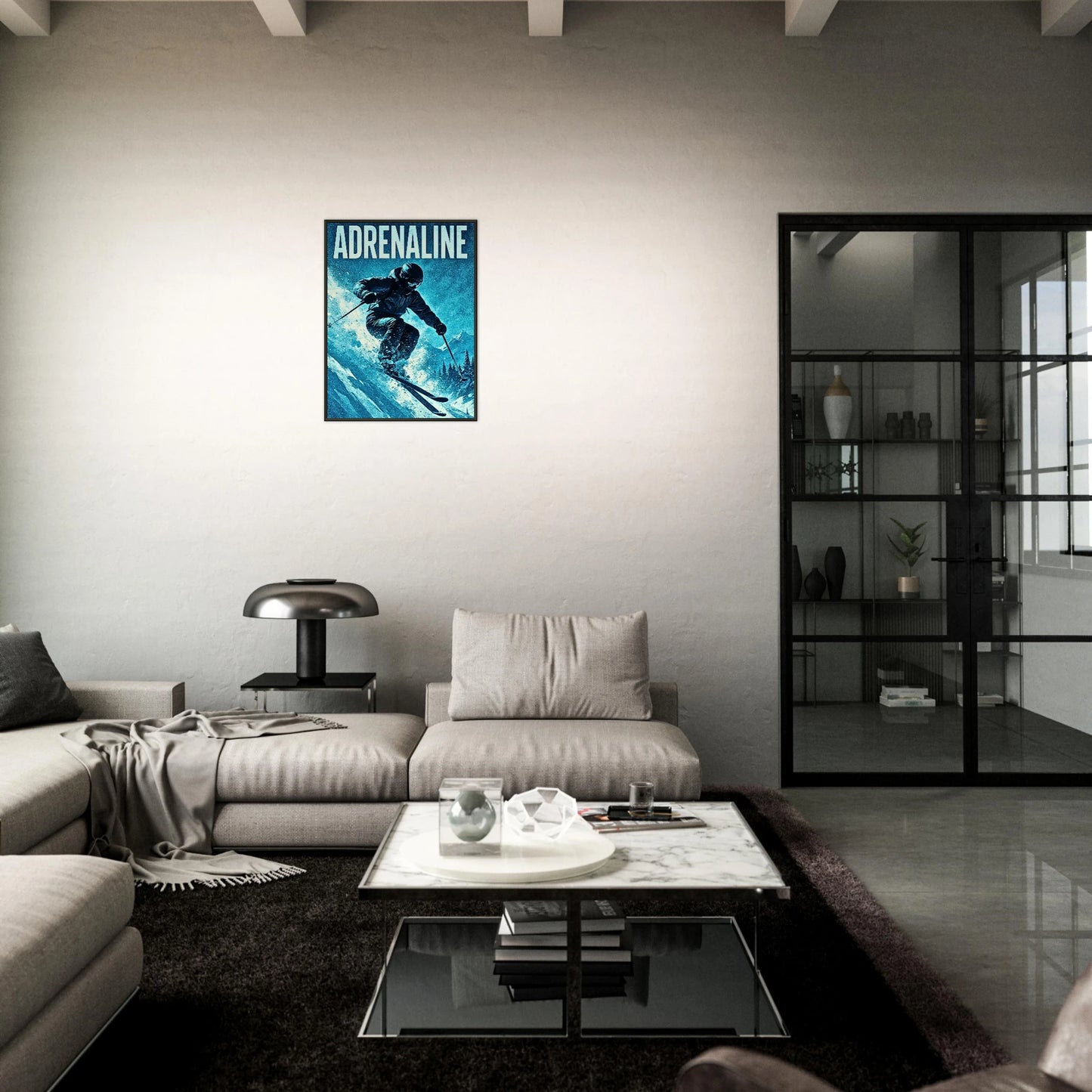 „Adrenaline Rush“ Ski-Poster im modernen dunklen Wohnzimmer | Dynamisches Wintersport-Design | DEFA Designs