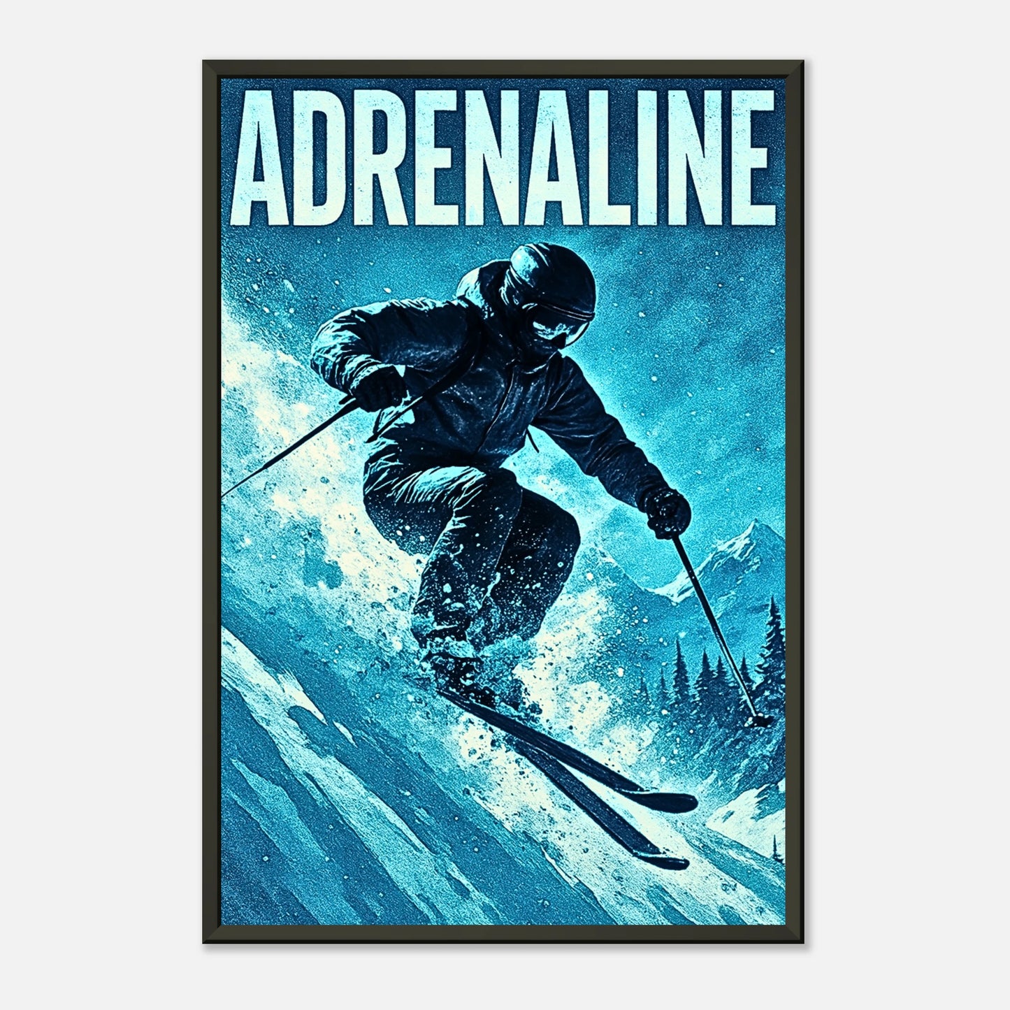 „Adrenaline Rush“ – Kunstvolles Ski-Poster mit leuchtend blauem Schneemotiv | Premium-Wandkunst im schwarzen Metallrahmen | DEFA Designs