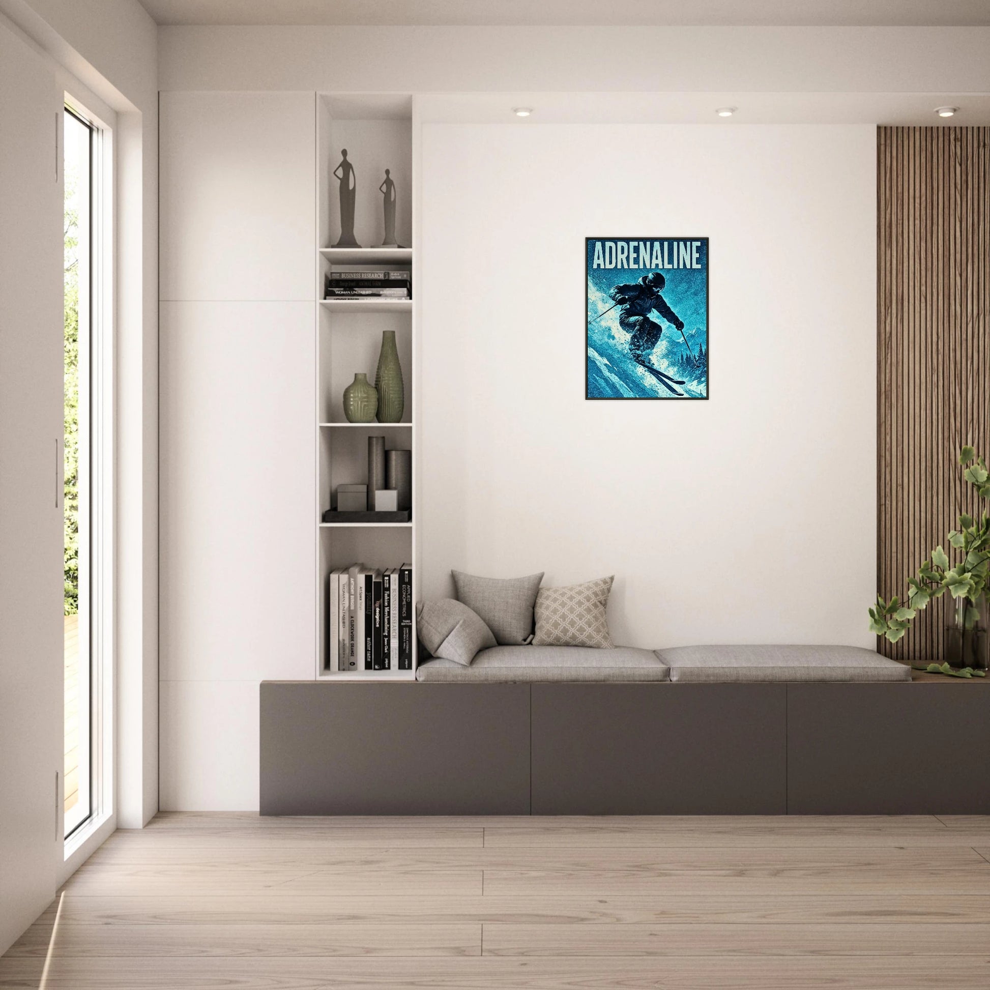 „Adrenaline Rush“ Ski-Wandbild im hellen Wohnzimmer | Sportliches Motiv mit Skifahrer im Sprung | DEFA Designs