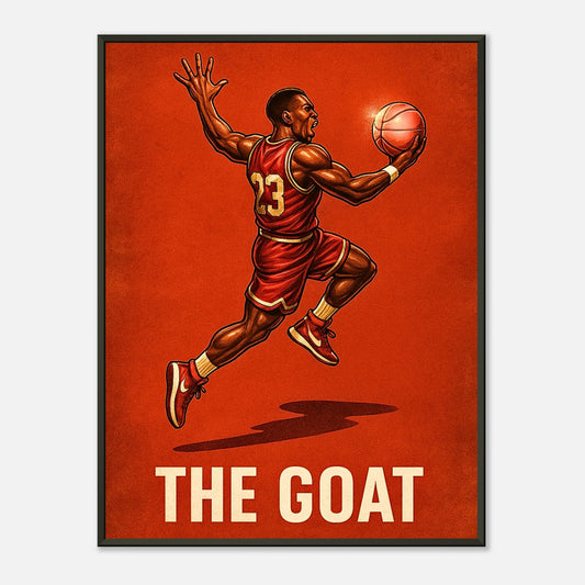Air Legend – The GOAT in Flight Poster mit schwarzem Metallrahmen, dynamischer Basketballspieler in Bewegung, moderne Sportkunst | DEFA Designs
