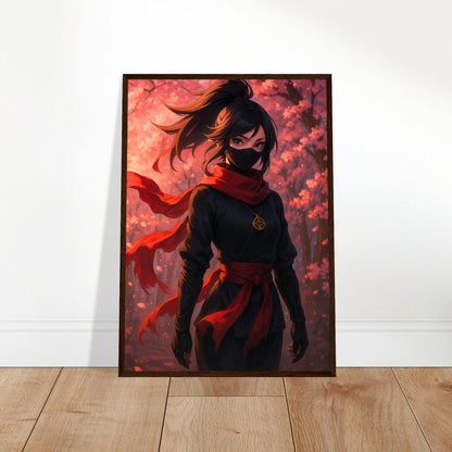 AKARI Anime Poster an die Wand gelehnt, rote Kriegerin in ruhiger Pose, japanisch inspirierte Kunst mit Kirschblütenmotiv – stilvolle Wanddekoration von Defa Designs.