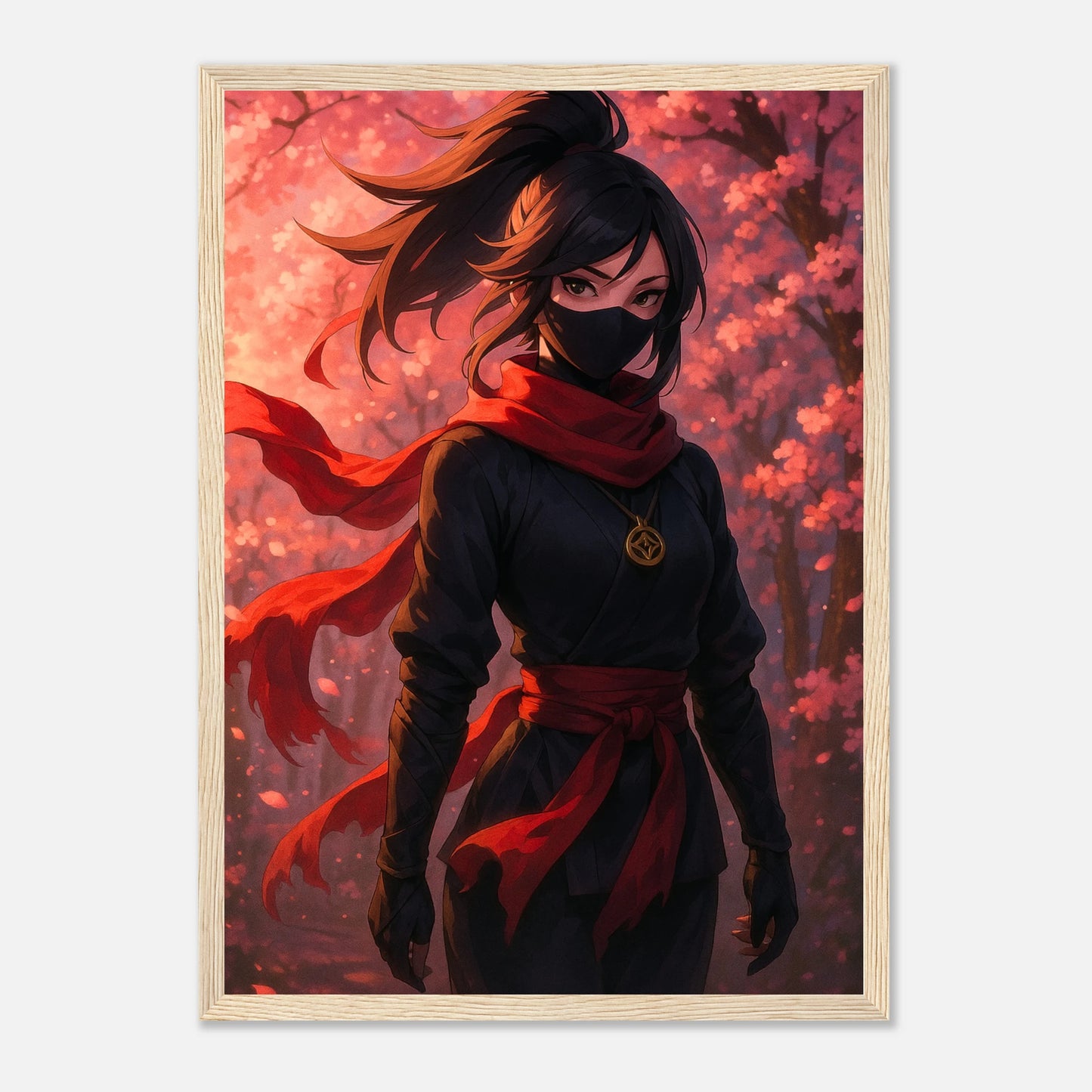 AKARI — Blossom in the Shadows Poster im hellbraunen Holzrahmen, geheimnisvolle Kriegerin in Rot, inspiriert von japanischer Anime-Ästhetik, perfekt für stilvolle Räume.