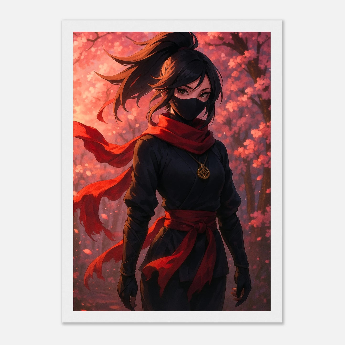 AKARI Anime Poster im weißen Rahmen, elegante weibliche Ninja-Figur im Kirschblütenlicht, moderne japanische Wandkunst von Defa Designs.