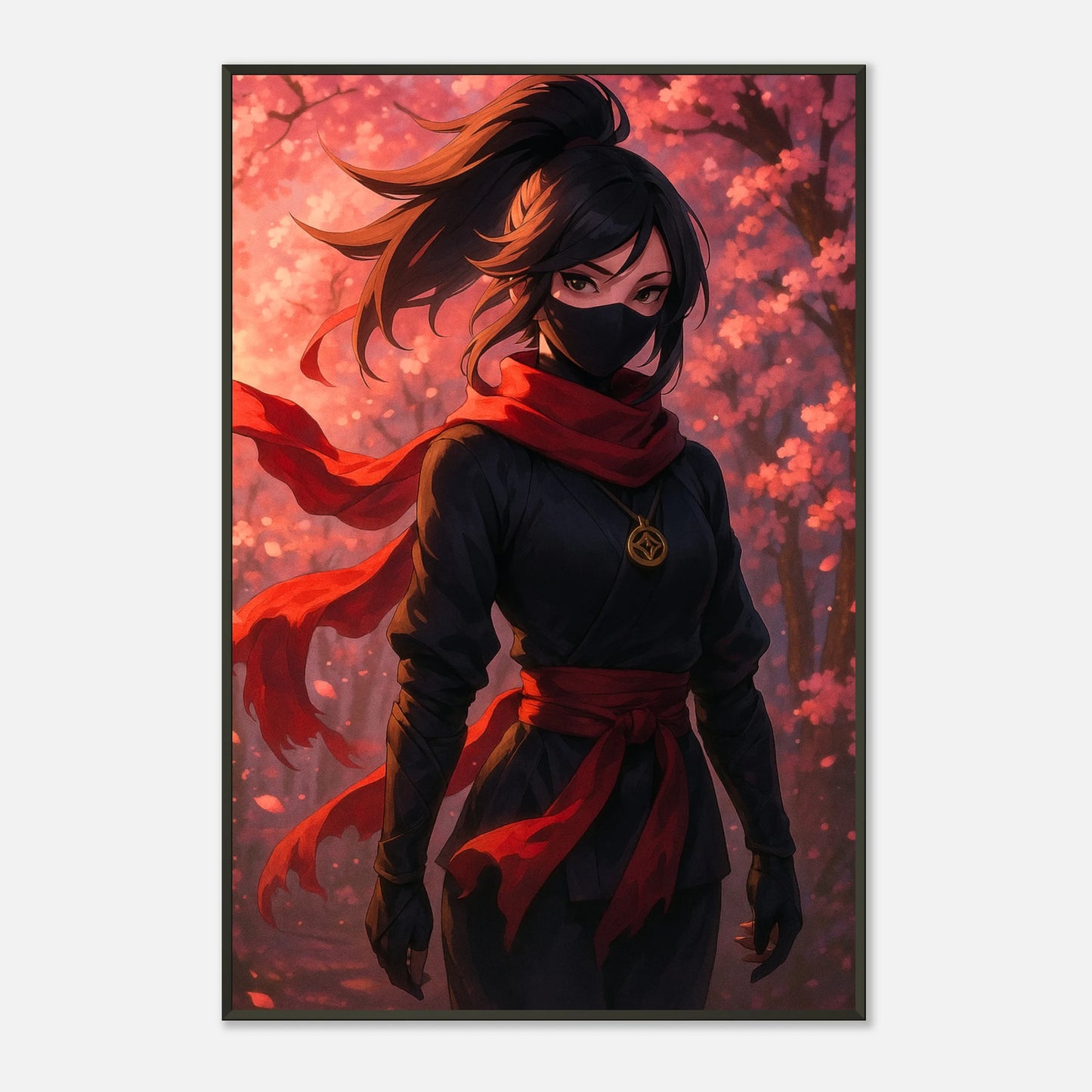 „AKARI“ Poster im schwarzen Metallrahmen – edle Anime-Kunst mit roten Blüten und Ninja-Ästhetik | DEFA Designs