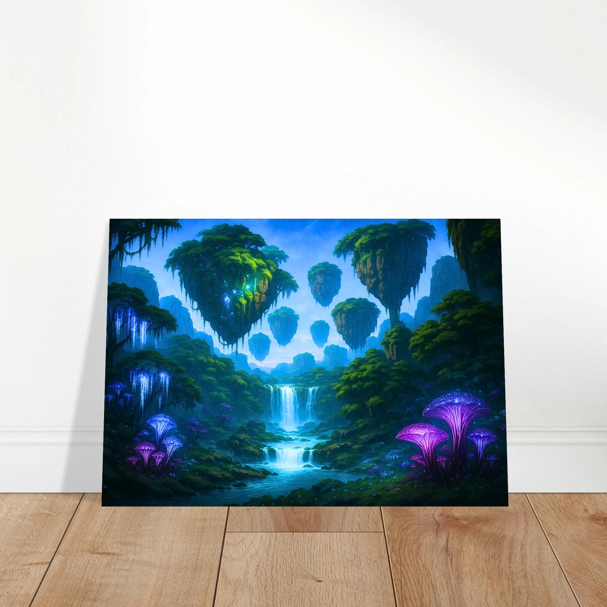 Alien paradise fantasy poster with floating islands leaning against wall, glowing mushroom forest