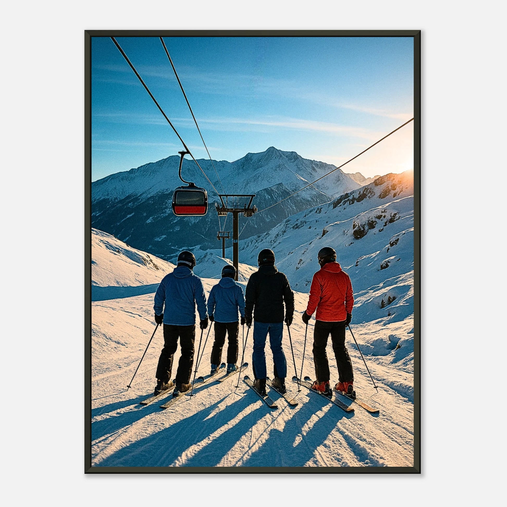 Alpine Adventure Poster im schwarzen Metallrahmen – Skifahrer auf sonniger Piste mit Bergkulisse, modernes Alpen-Wandbild für Wintersportfans von Defa Designs.