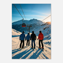 Alpine Adventure ski and mountain wall art poster – vibrant winter sports scene with snowy peaks and bright blue sky.