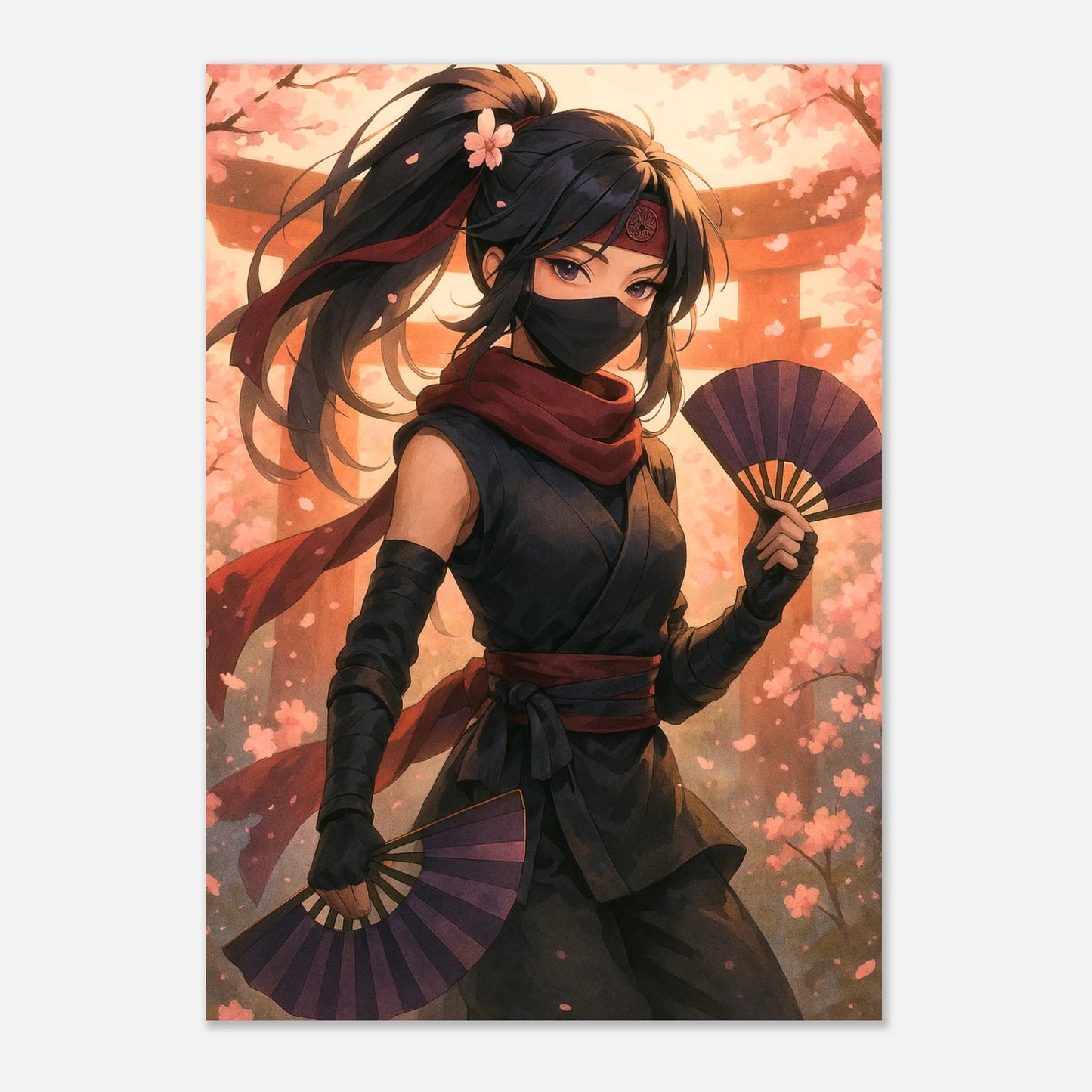 Hanami Yurei Anime Wandbild – Dance of the Silent Bloom. Japanisch inspiriertes Poster mit Kriegerin und Kirschblüten