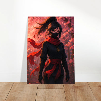 Akari Anime Poster – Blossom in the Shadows. Stilvolle Wandkunst mit roter Kriegerin als Blickfang in moderner Einrichtung