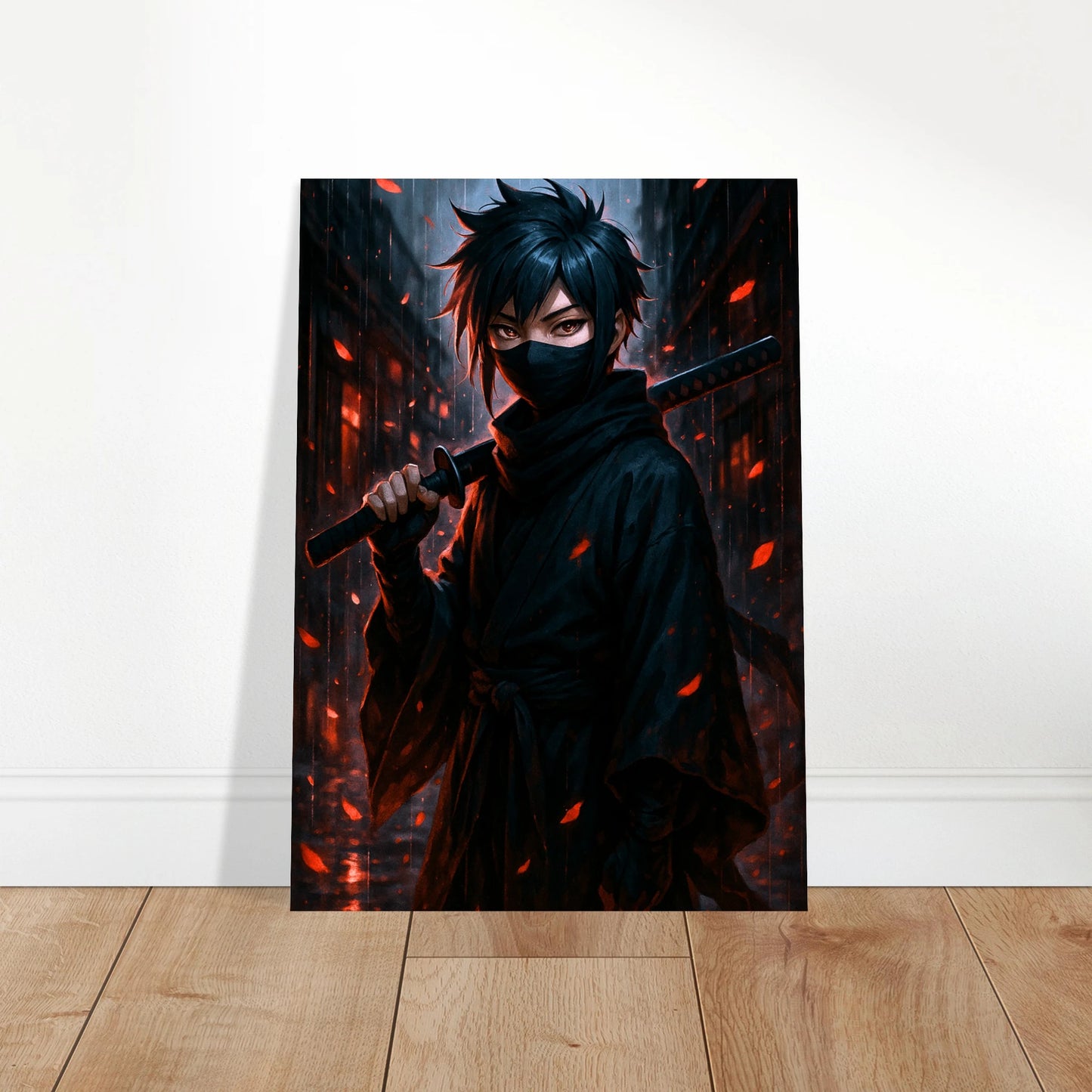 Kura Yami Anime Poster – Whisper in the Rain. Stilvolle Wandkunst mit Ninja-Krieger im Regen als Blickfang in moderner Einrichtung