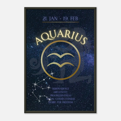 Aquarius horoscope wall art print in black metal frame featuring zodiac sign and January February birth dates