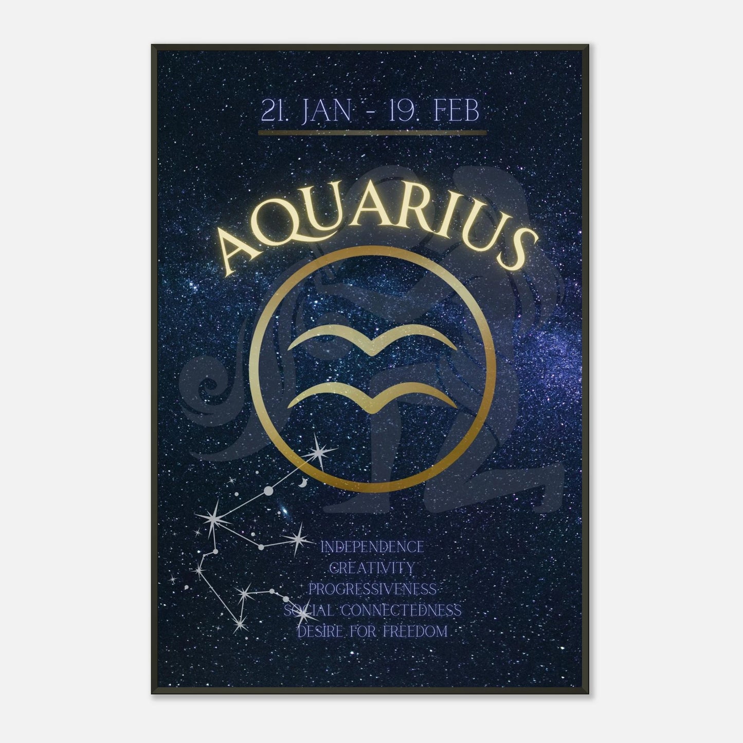Aquarius zodiac wall art in black metal frame front view with blue galaxy background and horoscope symbol