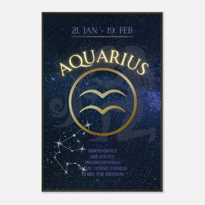 Aquarius zodiac wall art in black metal frame front view with blue galaxy background and horoscope symbol