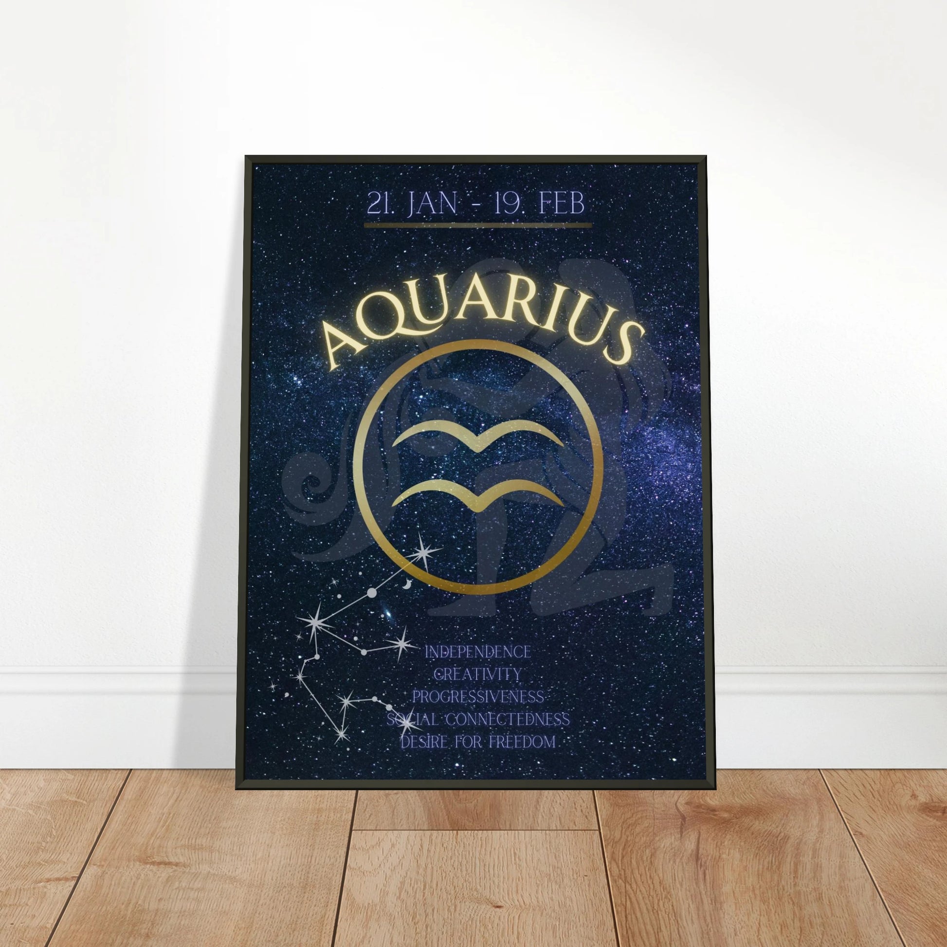 Aquarius wall art poster leaning against wall in black metal frame modern bedroom decor mockup