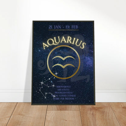 Aquarius wall art poster leaning against wall in black metal frame modern bedroom decor mockup