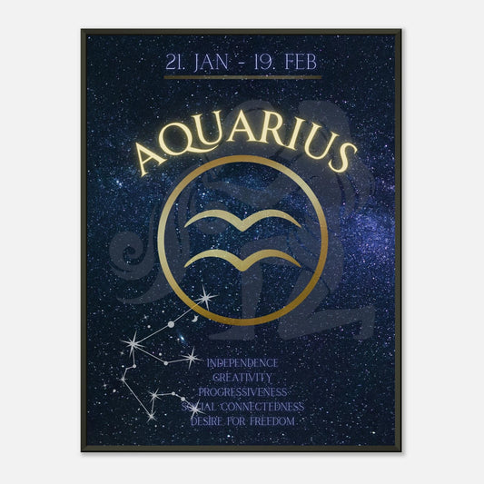 Aquarius wall art poster in black metal frame featuring cosmic zodiac design with constellation and astrology symbol