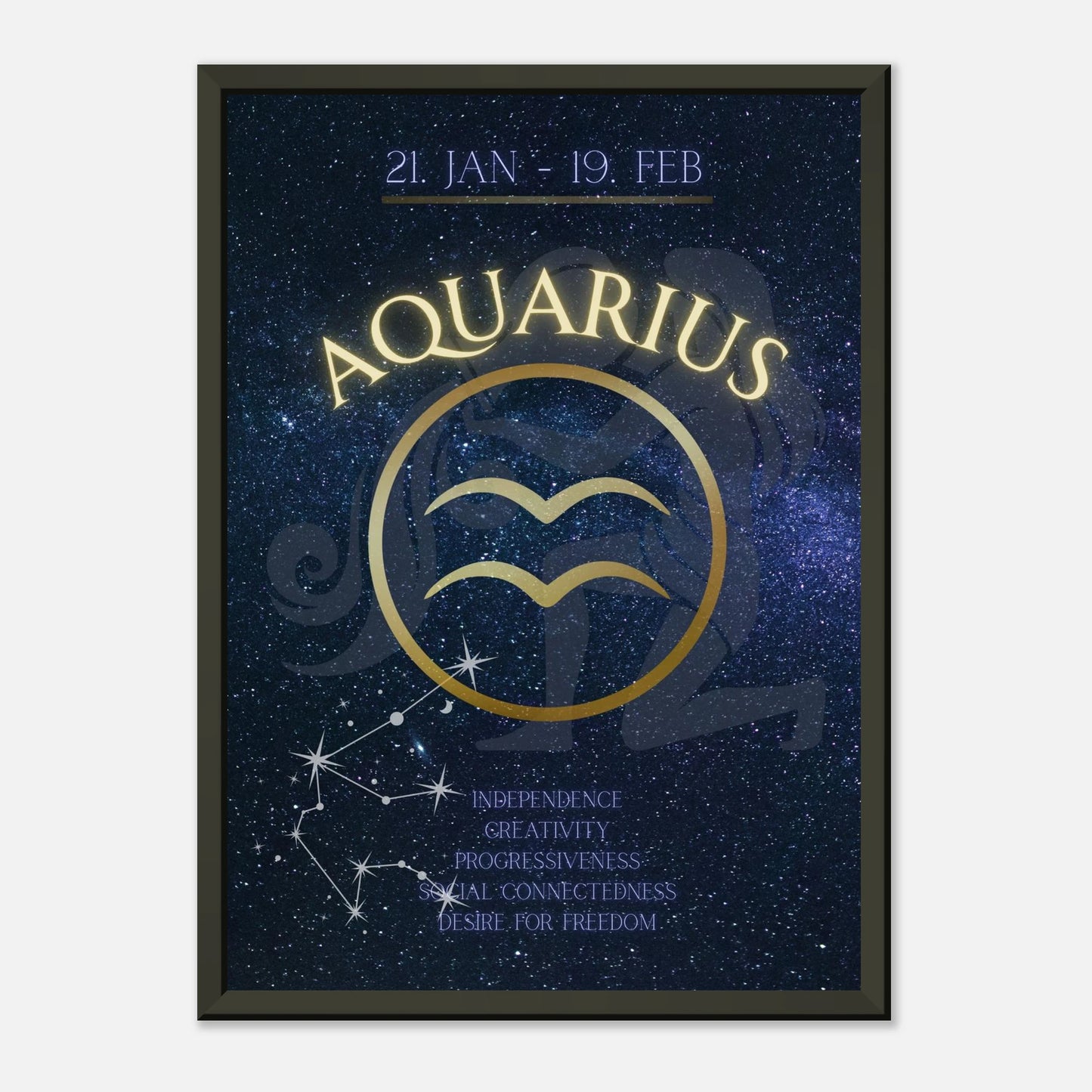 Aquarius astrology poster in black metal frame clean studio presentation with constellation artwork