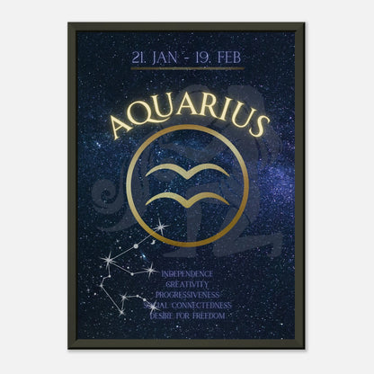 Aquarius astrology poster in black metal frame clean studio presentation with constellation artwork