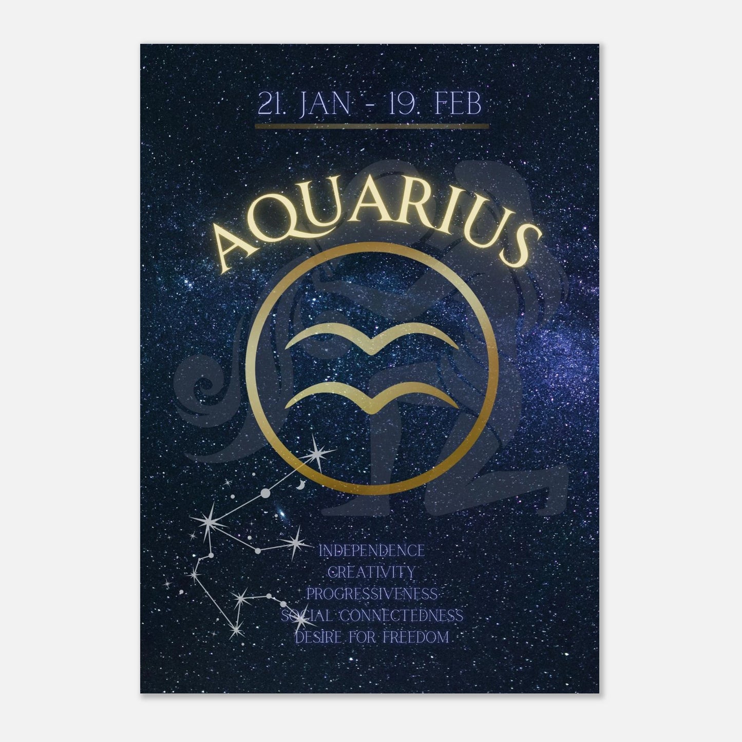 Close-up of Aquarius zodiac print with constellation and luxury matte finish