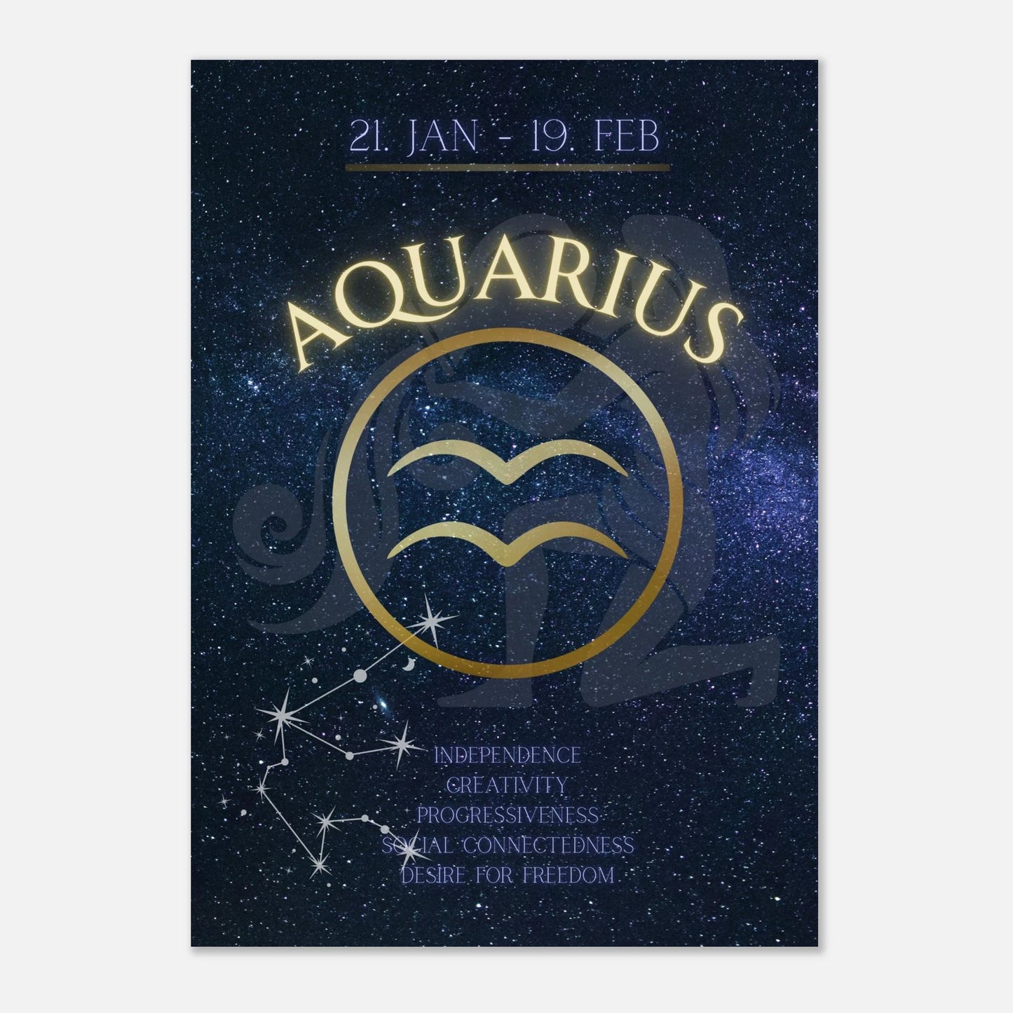Aquarius zodiac sign poster with gold circle and deep blue space theme