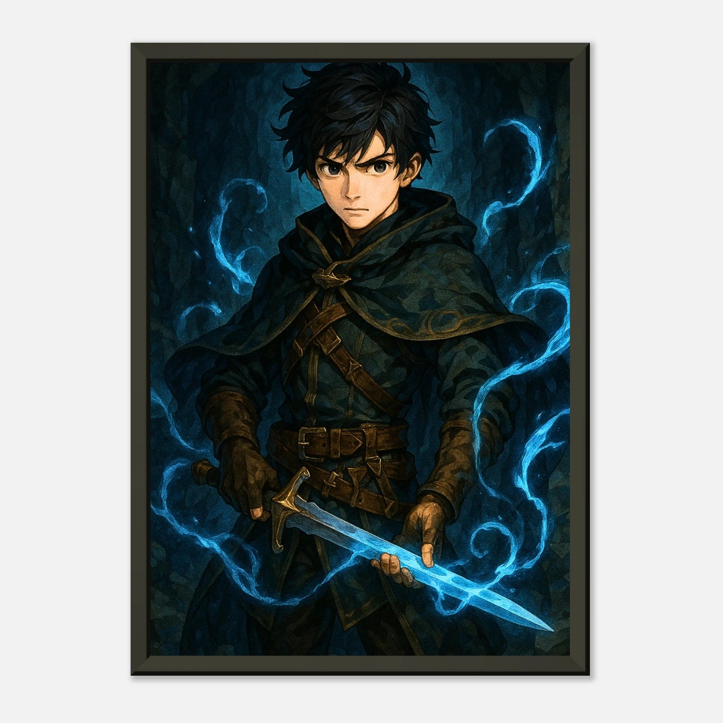 Arctic Warrior Fantasy Krieger Kunst als Wandbild mit schwarzem Metallrahmen, mystischer Held mit magischem Schwert