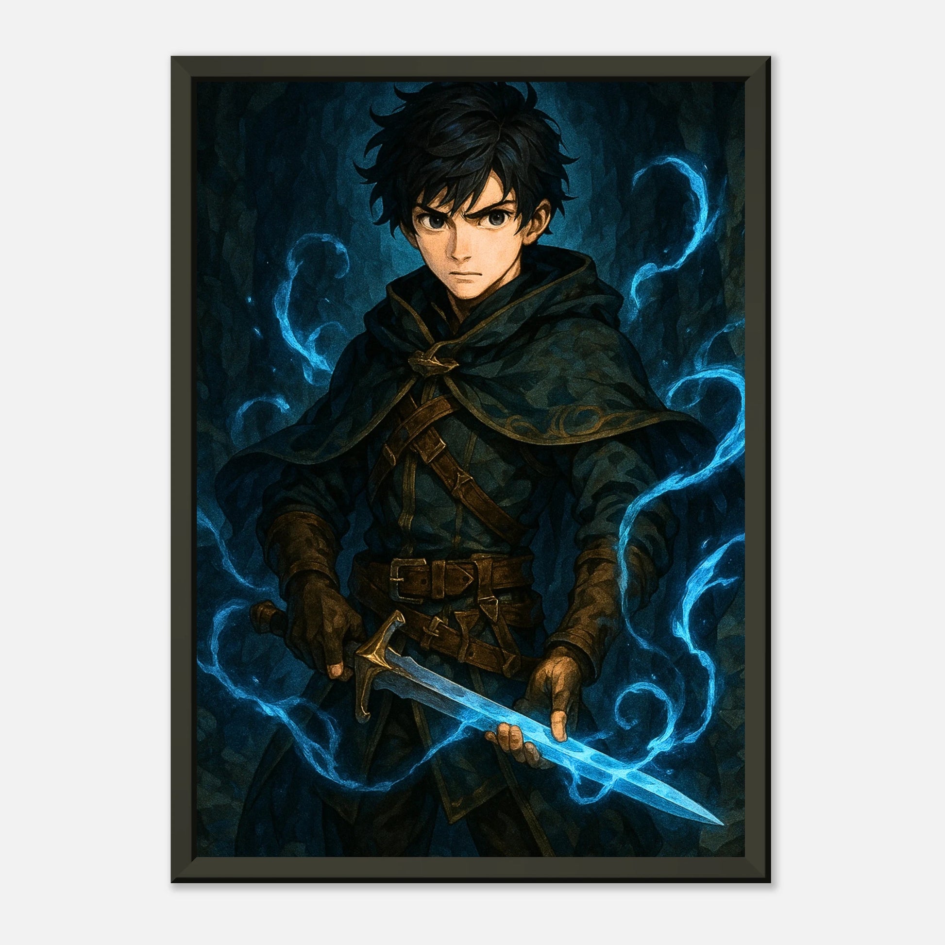 Arctic Warrior Fantasy Krieger Kunst als Wandbild mit schwarzem Metallrahmen, mystischer Held mit magischem Schwert