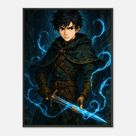 Arctic Warrior Fantasy Krieger Wandbild mit schwarzem Metallrahmen, junger Held mit leuchtender blauer Magie und Eisenergie