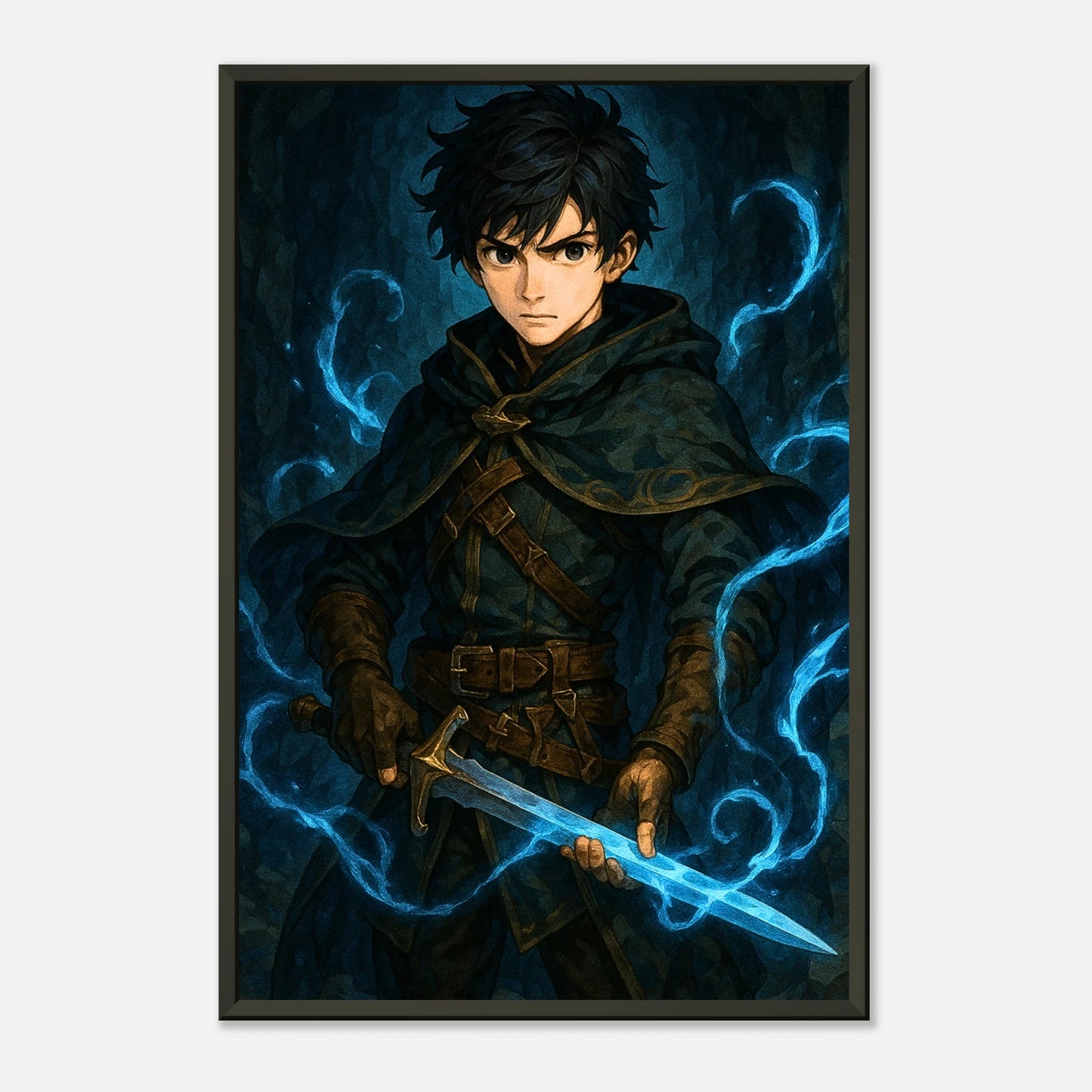 Arctic Warrior Fantasy Wandbild in dunklem modernen Interior, schwarzer Metallrahmen mit kraftvoller Eisatmosphäre