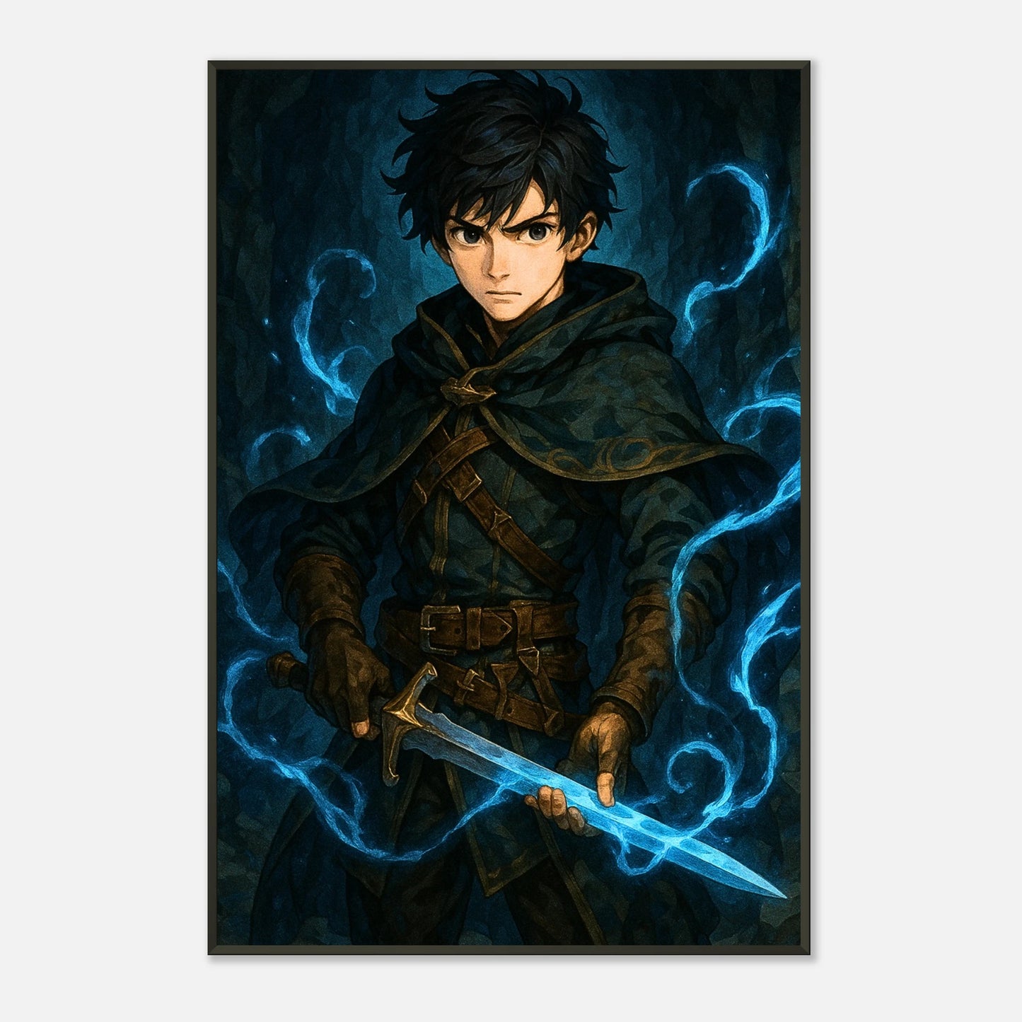 Arctic Warrior Krieger Wandkunst frontal dargestellt, episches Fantasy Wandbild im schwarzen Metallrahmen