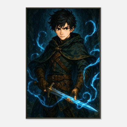 Arctic Warrior Krieger Wandkunst frontal dargestellt, episches Fantasy Wandbild im schwarzen Metallrahmen