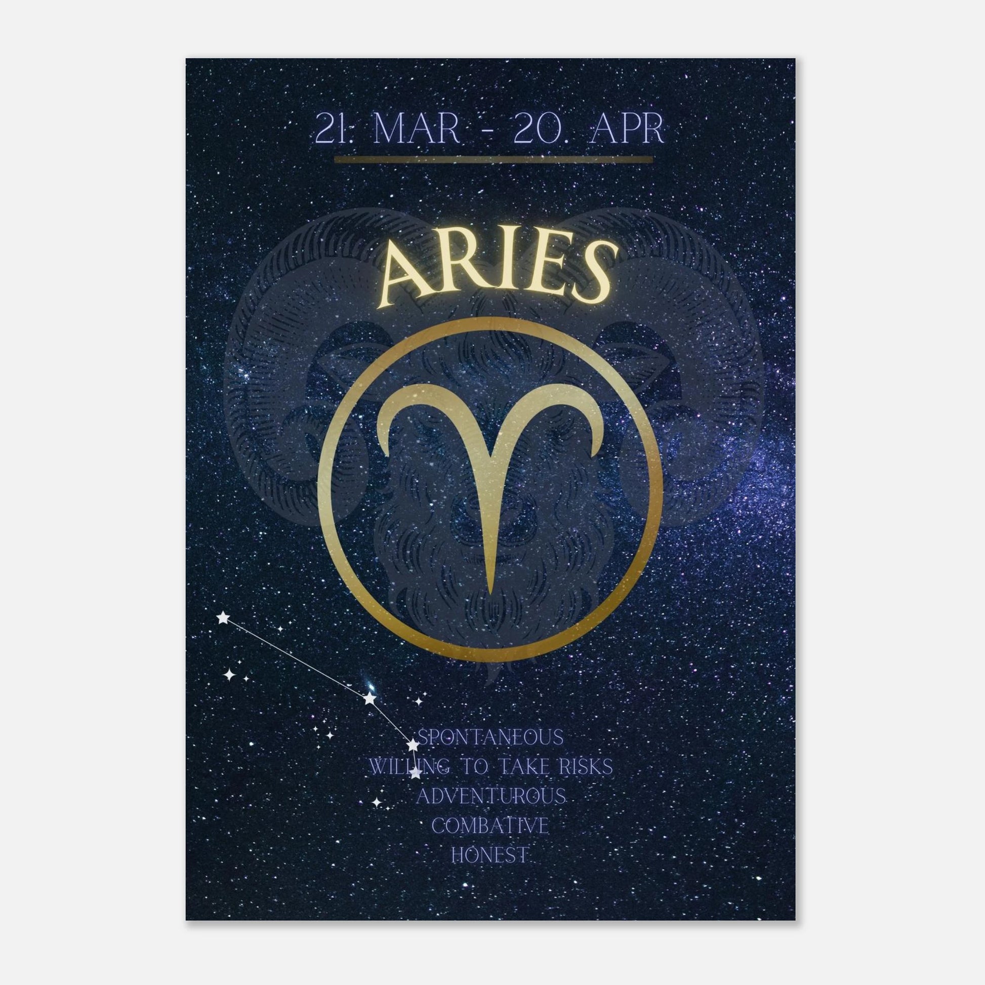 Wandkunst für das Feuerzeichen Aries – stilvolles Poster mit goldenem Widder-Symbol und astrologischen Eigenschaften