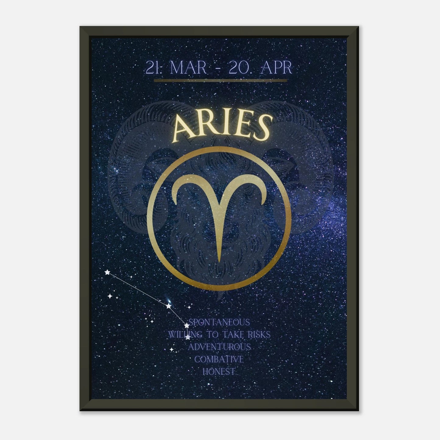 Aries horoscope wall art print in black metal frame featuring March 21 to April 20 zodiac dates