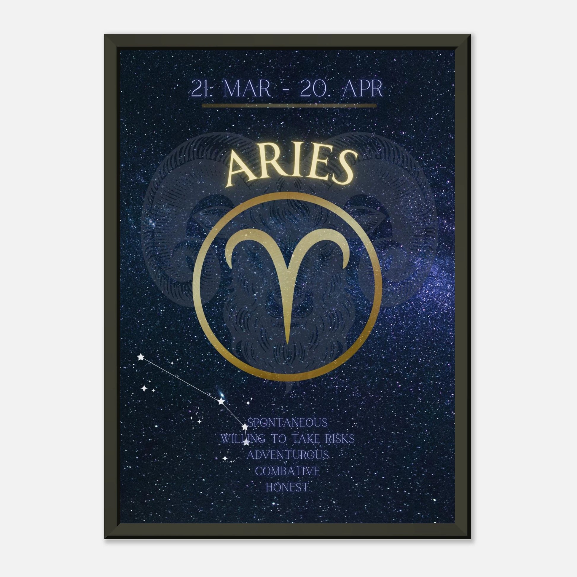Aries horoscope wall art print in black metal frame featuring March 21 to April 20 zodiac dates