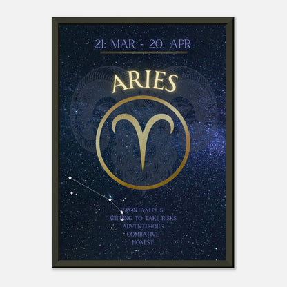 Aries horoscope wall art print in black metal frame featuring March 21 to April 20 zodiac dates
