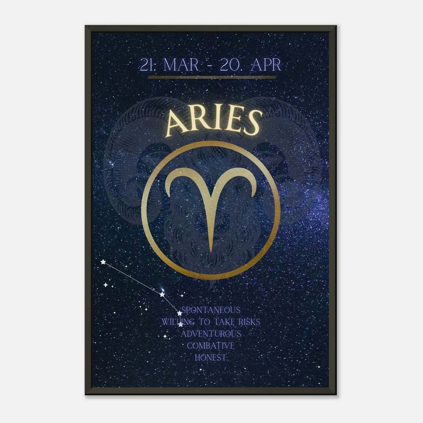 Aries zodiac wall art in black metal frame front view with blue galaxy background and astrology symbol