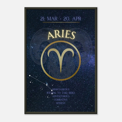 Aries zodiac wall art in black metal frame front view with blue galaxy background and astrology symbol