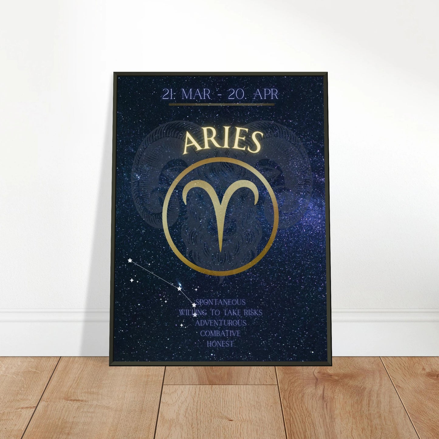 Aries wall art poster leaning against wall in black metal frame modern bedroom decor mockup